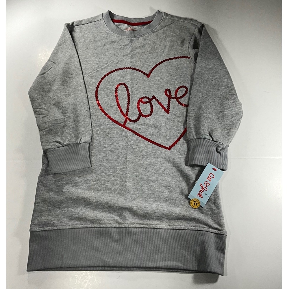 Cat & Jack Girls Heather Gray Sequin Love Heart Sweatshirt Dress M 8 NWT